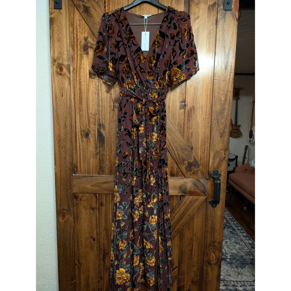 Baltic Born Uma Velvet Maxi Dress Clove Amber Floral Burnout V-Neck Size M NWT